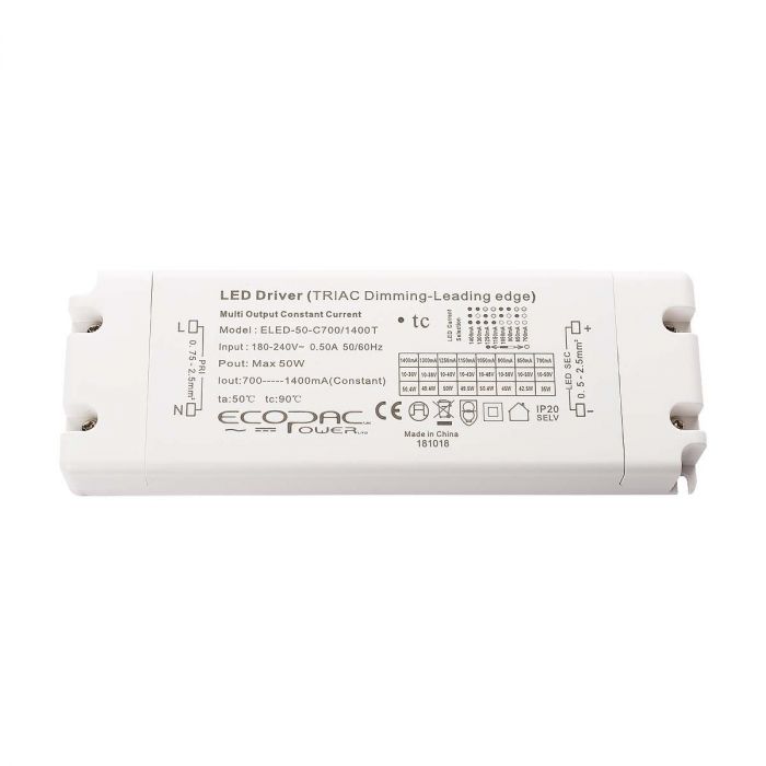 Ecopac ELED-50-C700/1400T Selectable Constant Current LED Driver 700-1400mA